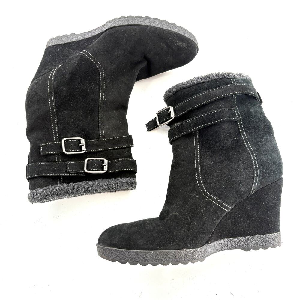 Aquatalia Camelia Wedge Boots 9 39 Black Suede Shearling Ankle Pumps Waterproof